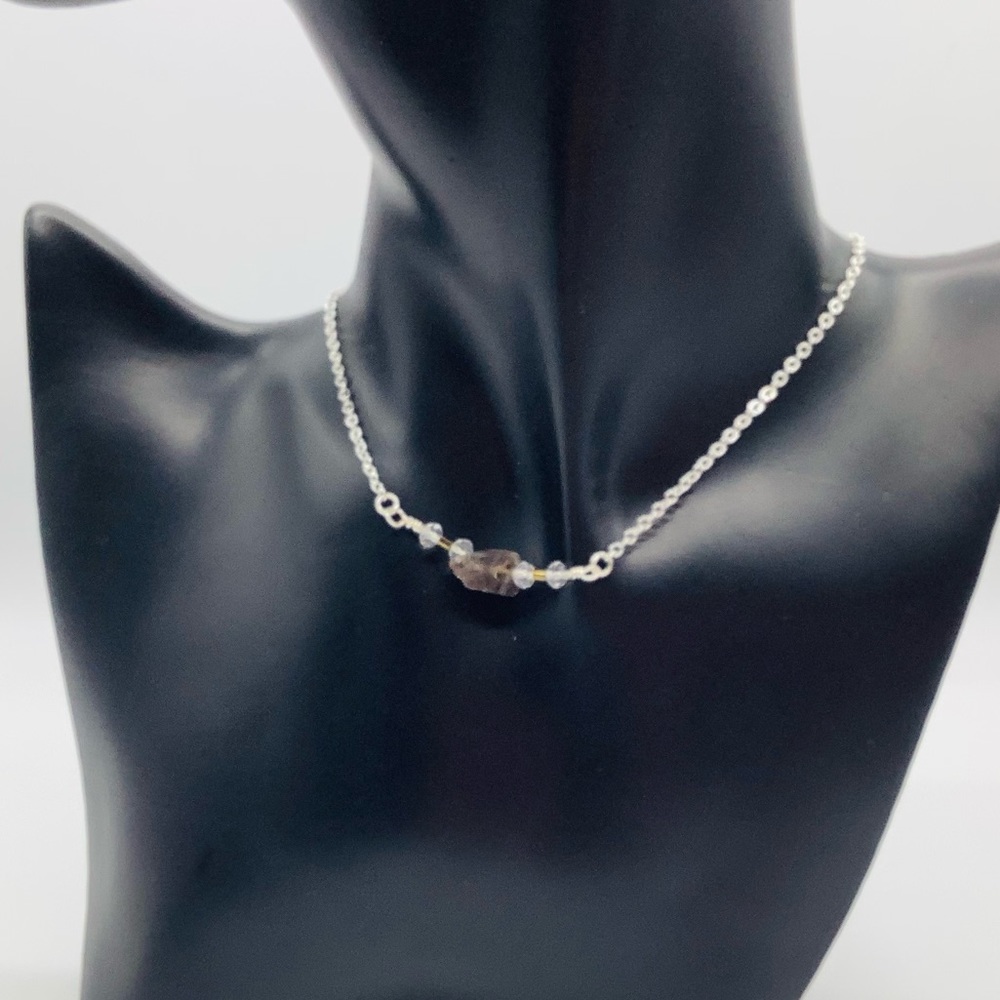 🧡NEW Raw Smoky Quartz Necklace Bar Dainty Faceted Crystal Gem Stone Silver Tone